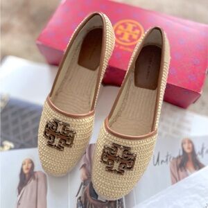 Tory Burch Cut-Out Logo Raffia & Leather Espadrille